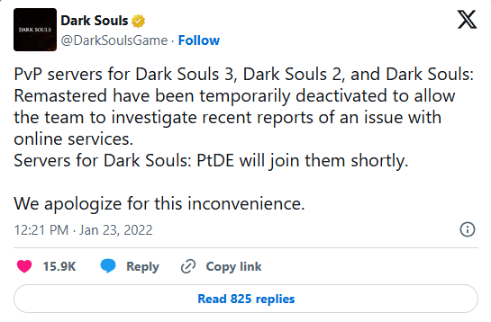 tweet de la cuenta oficial de dark souls en X